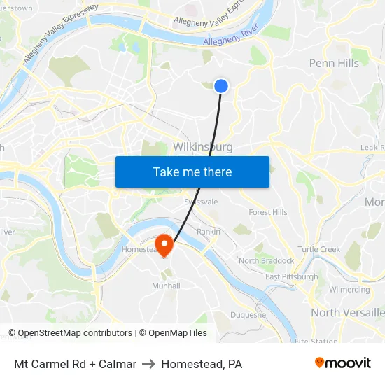 Mt Carmel Rd + Calmar to Homestead, PA map
