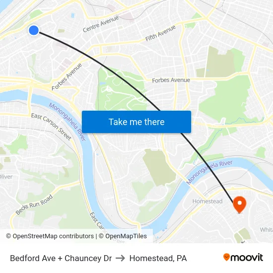 Bedford Ave + Chauncey Dr to Homestead, PA map