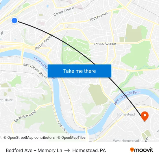 Bedford Ave + Memory Ln to Homestead, PA map