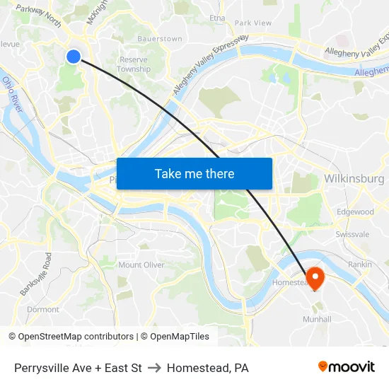 Perrysville Ave + East St to Homestead, PA map