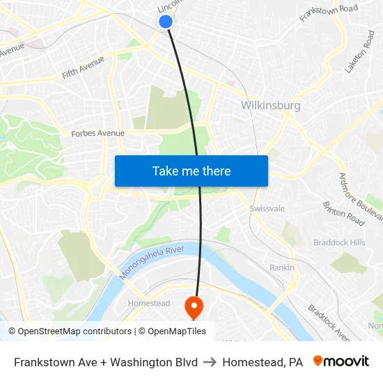 Frankstown Ave + Washington Blvd to Homestead, PA map