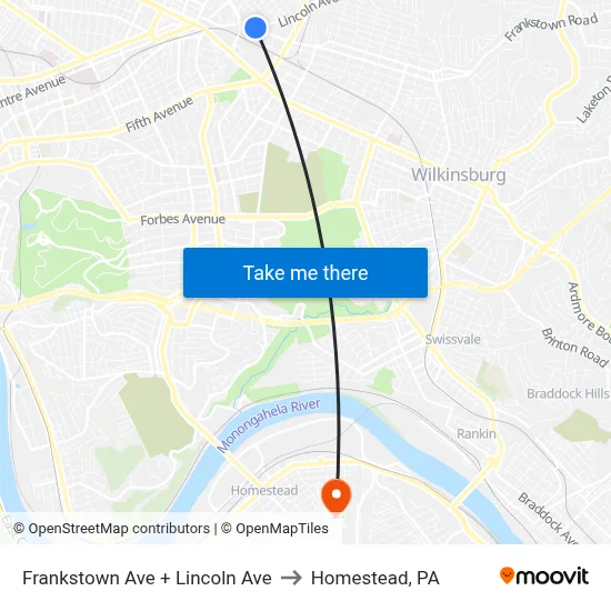Frankstown Ave + Lincoln Ave to Homestead, PA map