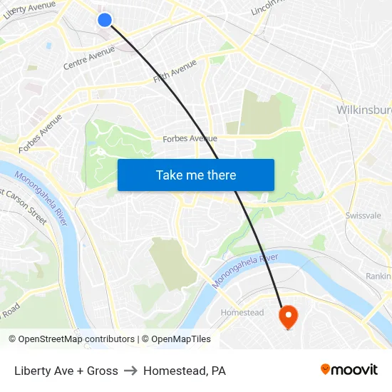Liberty Ave + Gross to Homestead, PA map