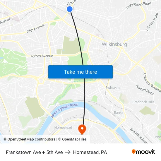 Frankstown Ave + 5th Ave to Homestead, PA map