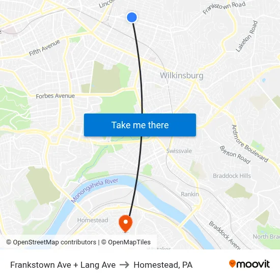 Frankstown Ave + Lang Ave to Homestead, PA map