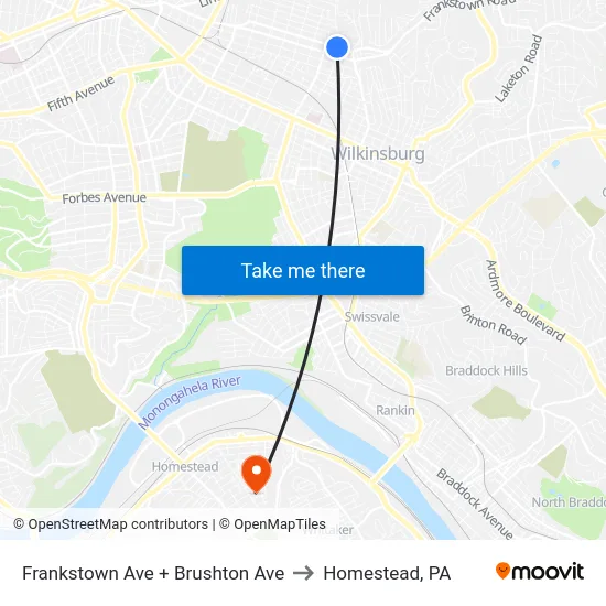 Frankstown Ave + Brushton Ave to Homestead, PA map