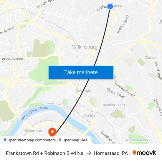 Frankstown Rd + Robinson Blvd Ns to Homestead, PA map