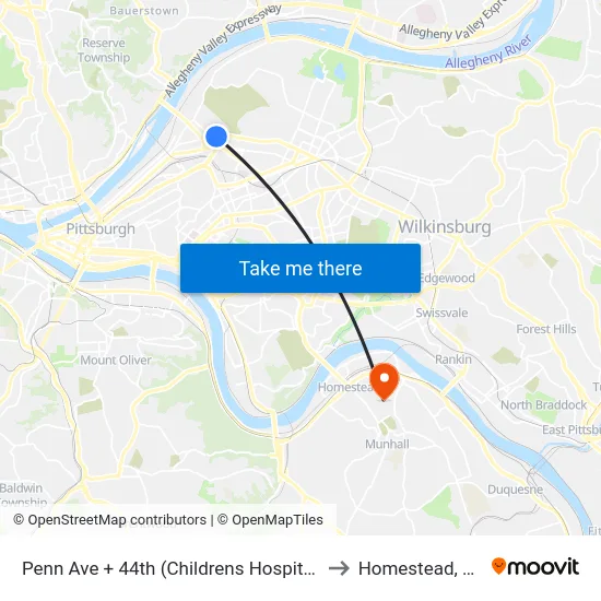Penn Ave + 44th (Childrens Hospital) to Homestead, PA map
