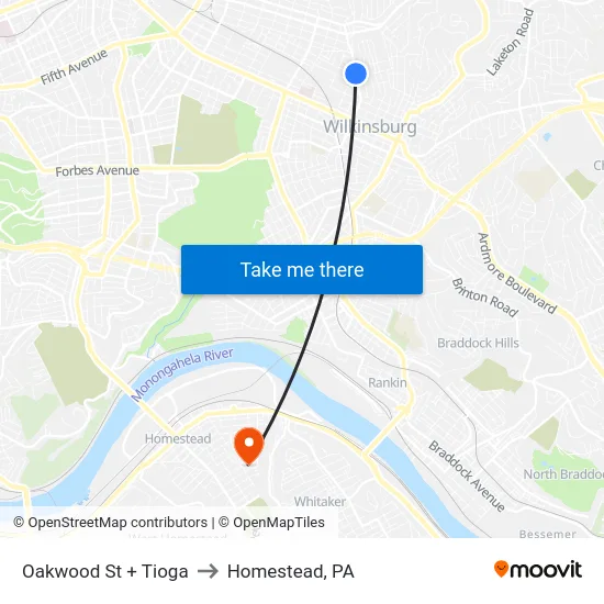 Oakwood St + Tioga to Homestead, PA map