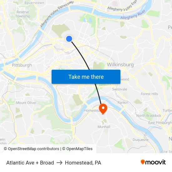 Atlantic Ave + Broad to Homestead, PA map