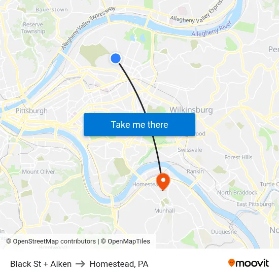 Black St + Aiken to Homestead, PA map