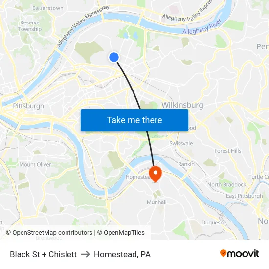 Black St + Chislett to Homestead, PA map