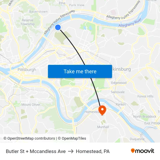 Butler St + Mccandless Ave to Homestead, PA map