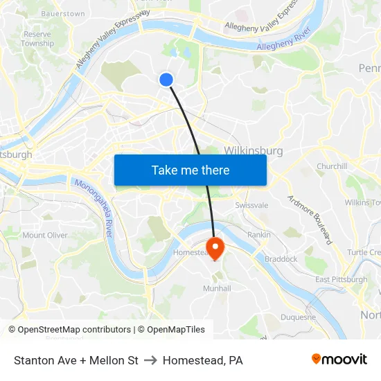 Stanton Ave + Mellon St to Homestead, PA map
