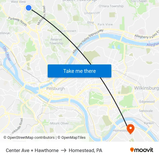 Center Ave + Hawthorne to Homestead, PA map