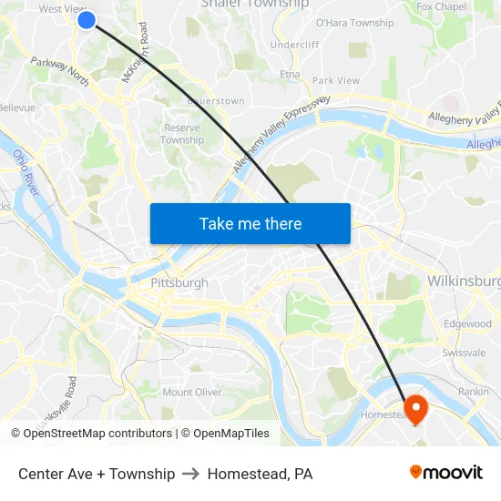 Center Ave + Township to Homestead, PA map