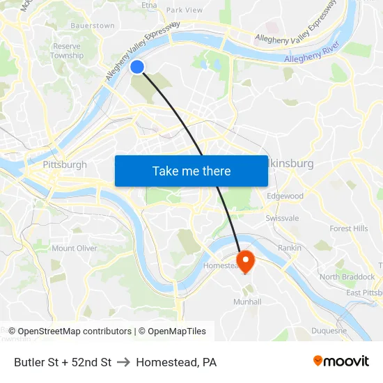 Butler St + 52nd St to Homestead, PA map