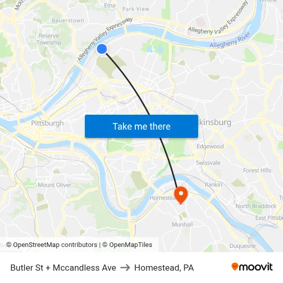 Butler St + Mccandless Ave to Homestead, PA map