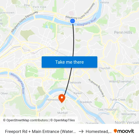 Freeport Rd + Main Entrance (Waterworks) to Homestead, PA map