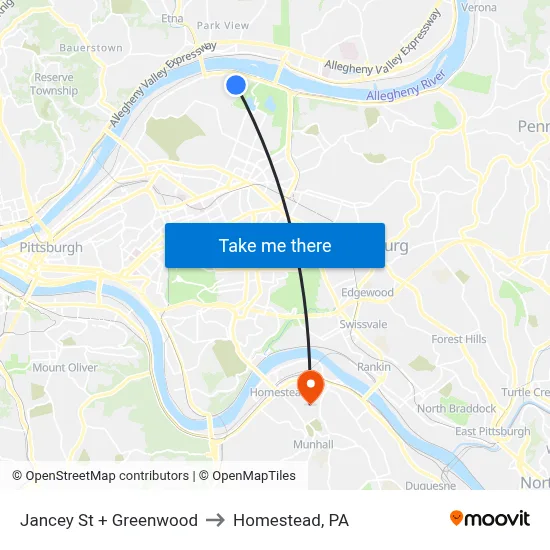 Jancey St + Greenwood to Homestead, PA map