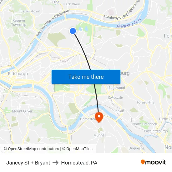Jancey St + Bryant to Homestead, PA map