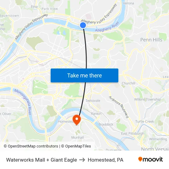 Waterworks Mall + Giant Eagle to Homestead, PA map