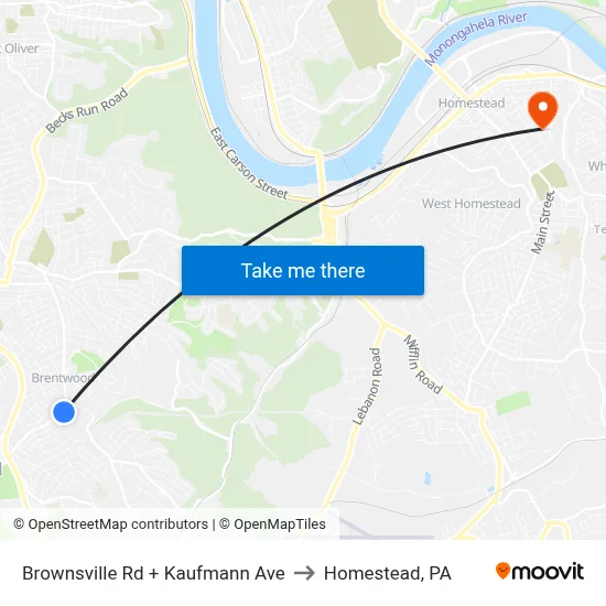 Brownsville Rd + Kaufmann Ave to Homestead, PA map