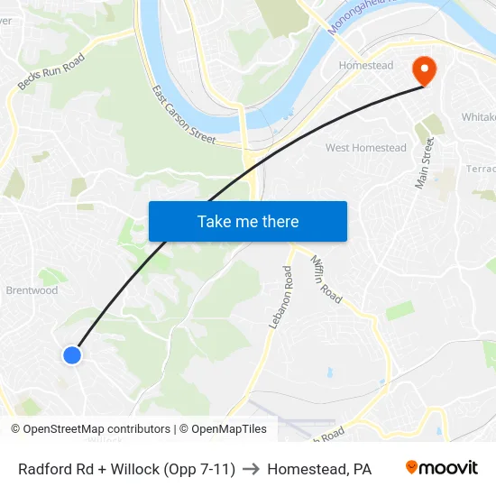 Radford Rd + Willock (Opp 7-11) to Homestead, PA map