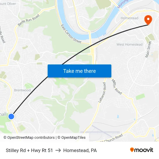 Stilley Rd + Hwy Rt 51 to Homestead, PA map