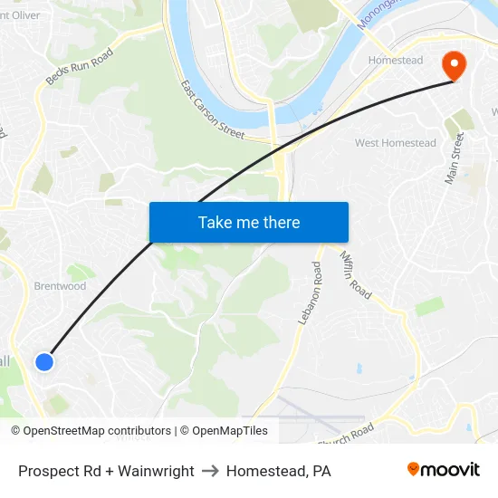 Prospect Rd + Wainwright to Homestead, PA map