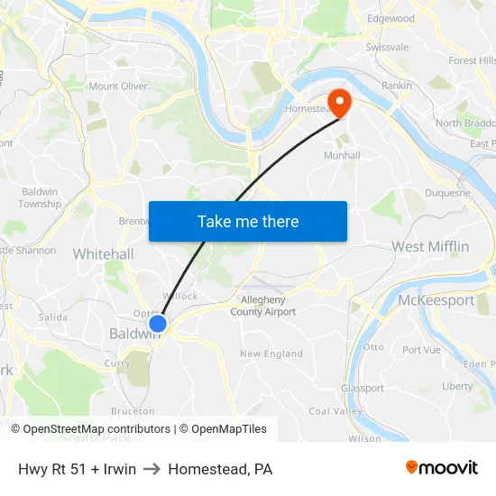 Hwy Rt 51 + Irwin to Homestead, PA map