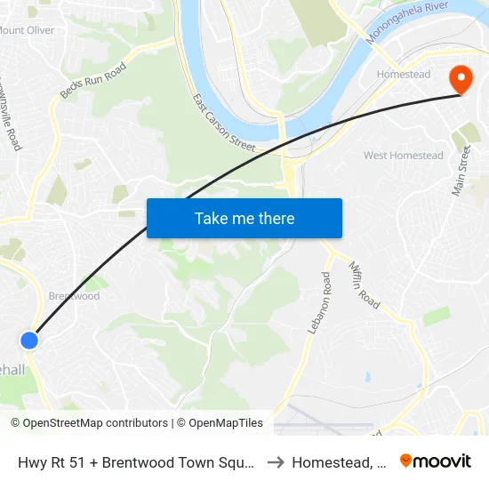 Hwy Rt 51 + Brentwood Town Square to Homestead, PA map