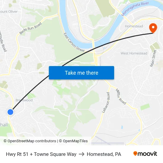 Hwy Rt 51 + Towne Square Way to Homestead, PA map