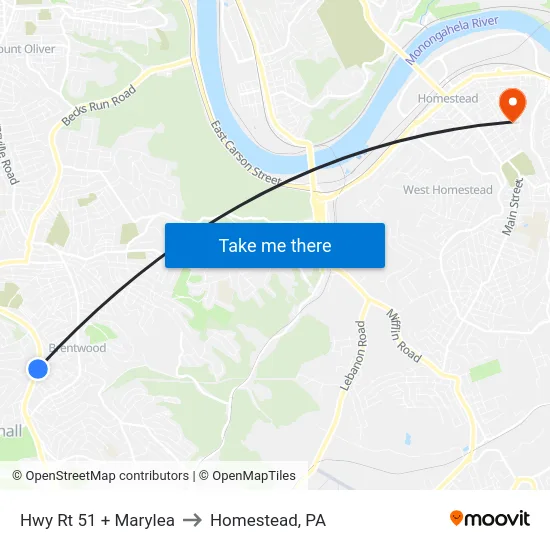 Hwy Rt 51 + Marylea to Homestead, PA map
