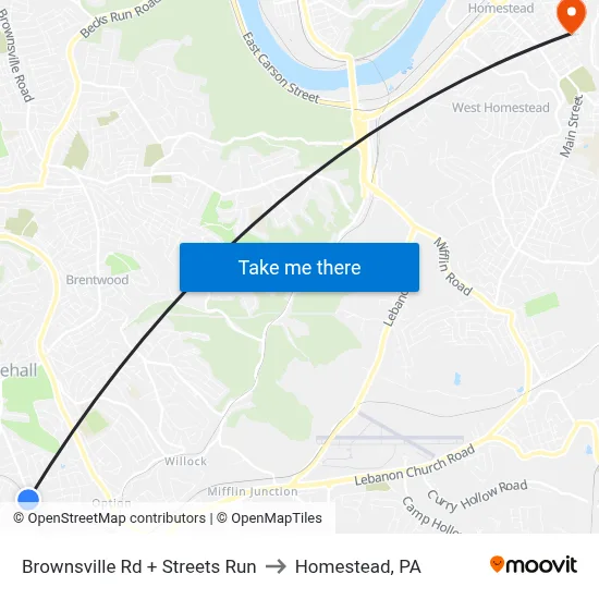 Brownsville Rd + Streets Run to Homestead, PA map