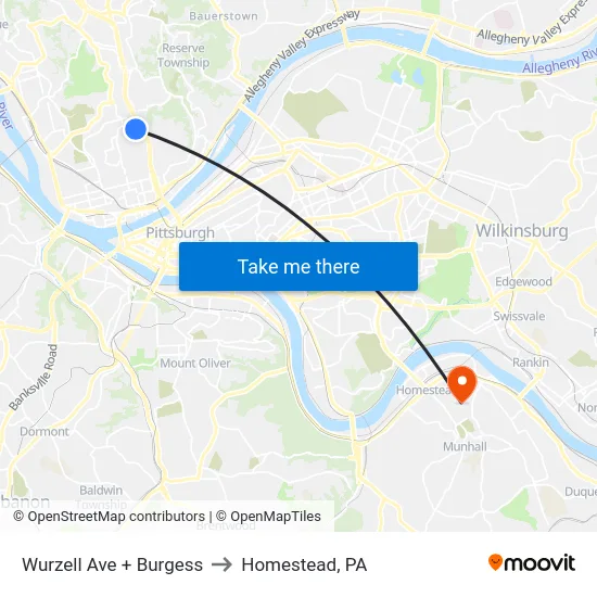 Wurzell Ave + Burgess to Homestead, PA map