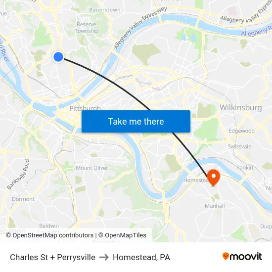 Charles St + Perrysville to Homestead, PA map