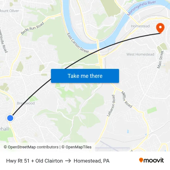 Hwy Rt 51 + Old Clairton to Homestead, PA map