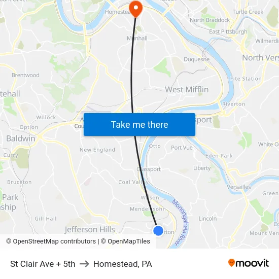St Clair Ave + 5th to Homestead, PA map