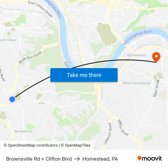 Brownsville Rd + Clifton Blvd to Homestead, PA map