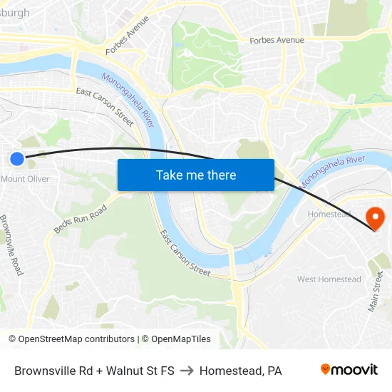 Brownsville Rd + Walnut St FS to Homestead, PA map