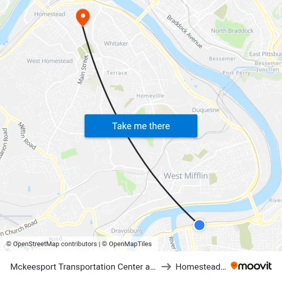 Mckeesport Transportation Center at Bay #4 to Homestead, PA map