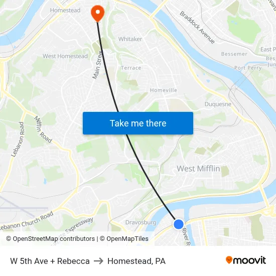 W 5th Ave + Rebecca to Homestead, PA map