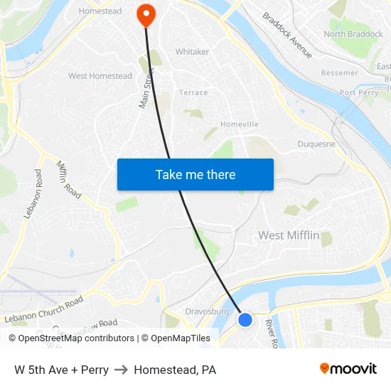 W 5th Ave + Perry to Homestead, PA map