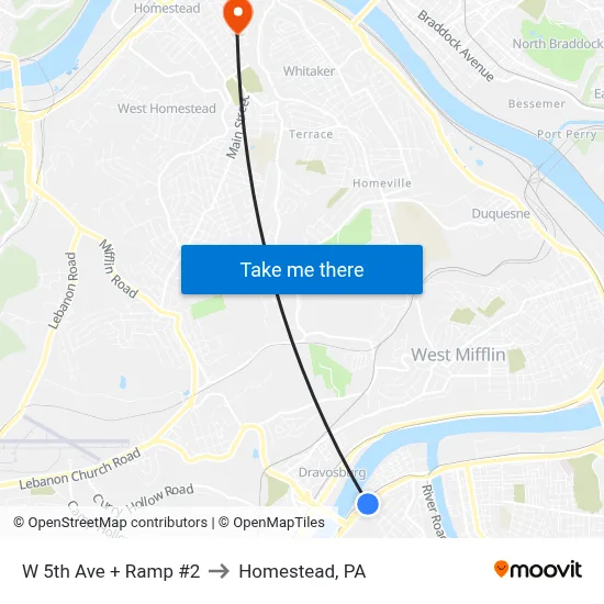 W 5th Ave + Ramp #2 to Homestead, PA map