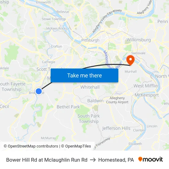 Bower Hill Rd at Mclaughlin Run Rd to Homestead, PA map