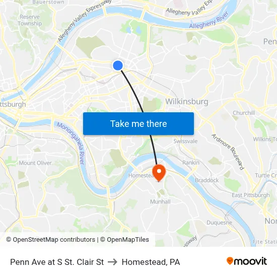 Penn Ave at S St. Clair St to Homestead, PA map