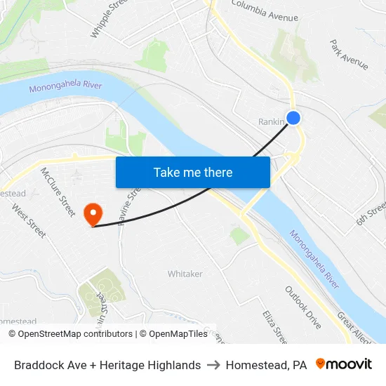 Braddock Ave + Heritage Highlands to Homestead, PA map