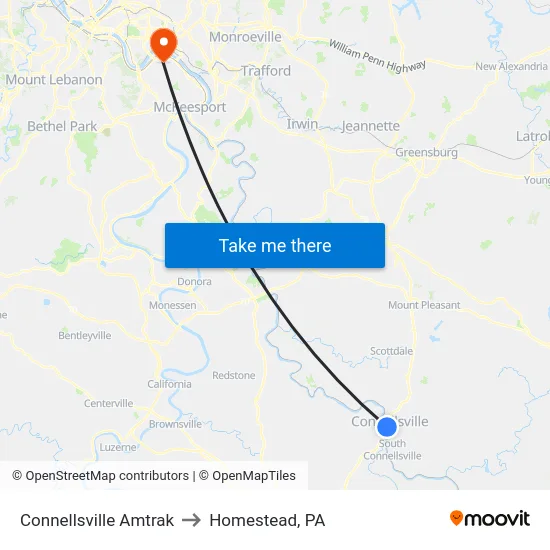 Connellsville Amtrak to Homestead, PA map