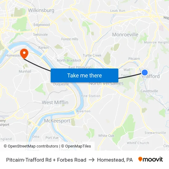 Pitcairn-Trafford Rd + Forbes Road to Homestead, PA map